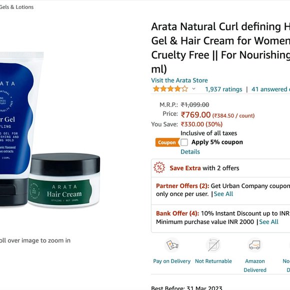 Arata Hair Gel (150 ml) and Cream (100 ml) Combo - Picture 4 of 5